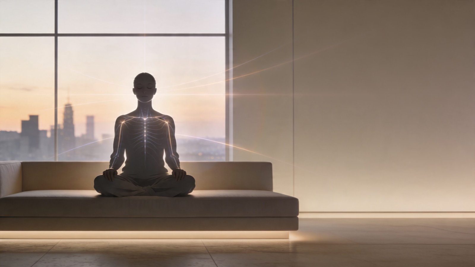 Person meditating in a lotus pose on a sofa in a modern room with a city skyline visible through the window.
